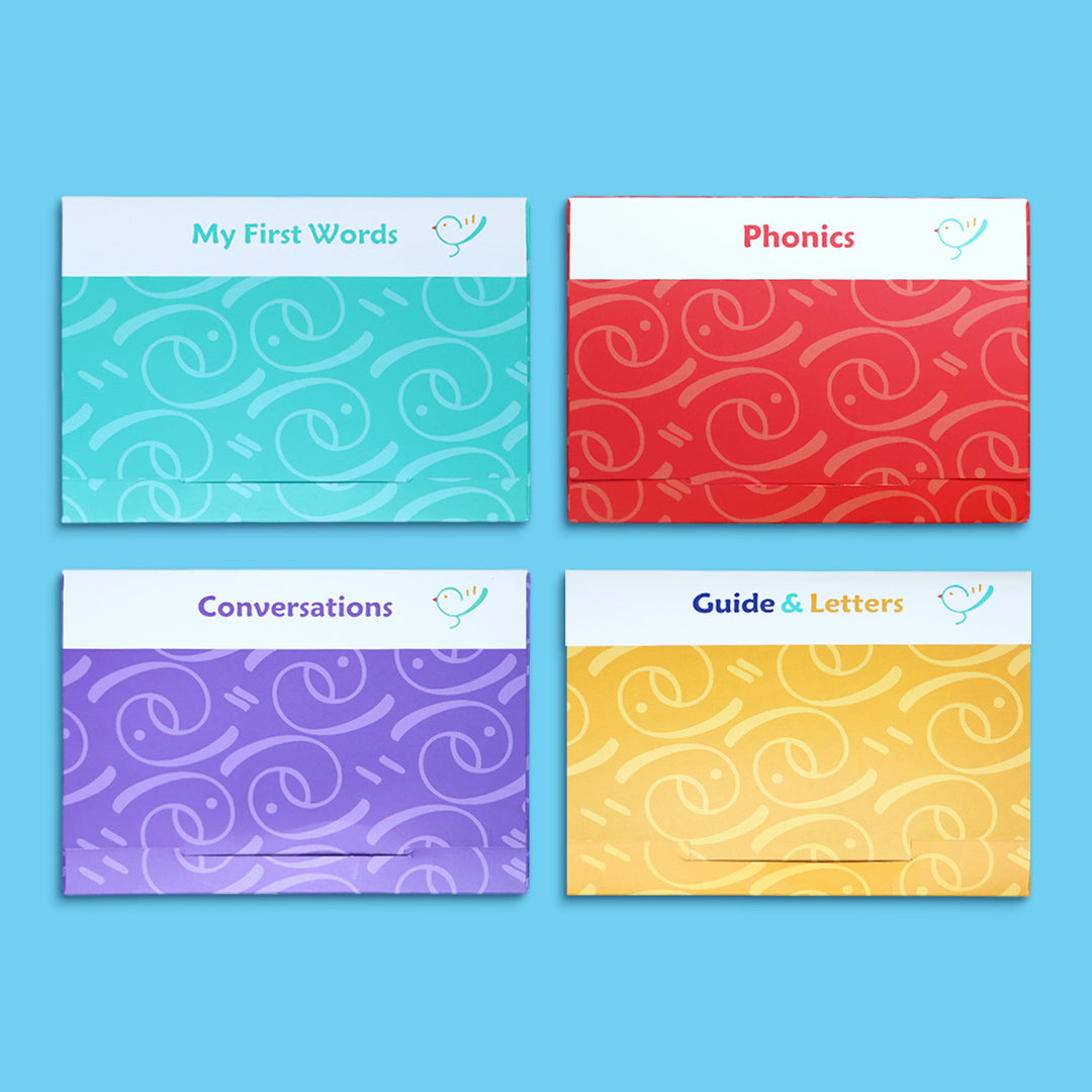 بطاقات تعليمية لتعلم الإنجليزية للأطفال تشمل phonics والمحادثات والكلمات الأساسية