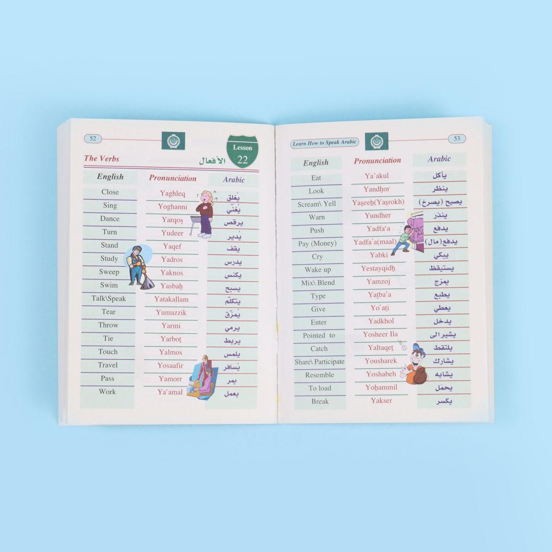 Pages from Learn How to Speak Arabic book for beginners covering essential vocabulary, pronunciation, basic grammar, and everyday conversations.