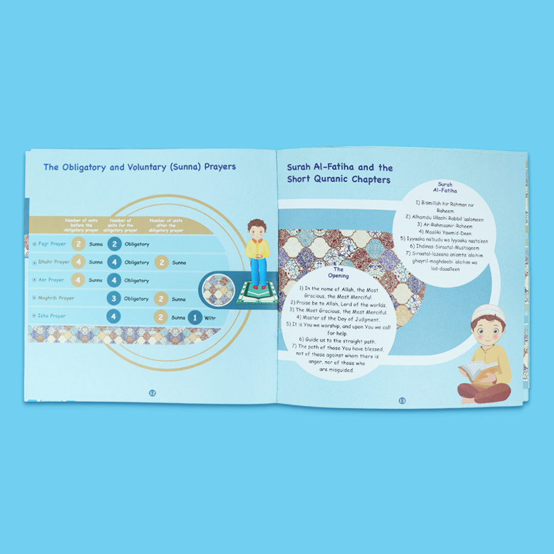 Open pages for Islamic book for boys teaching wudu and prayer step by step in english